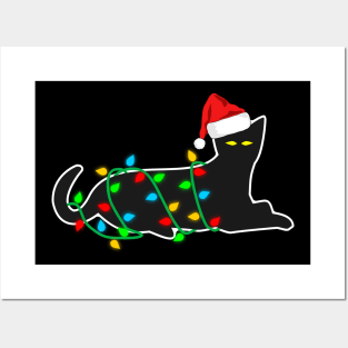 Black Cat tangled in Christmas lights Posters and Art